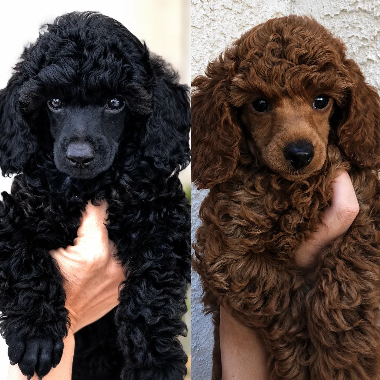 Curly-haired poodle puppies, light and dark