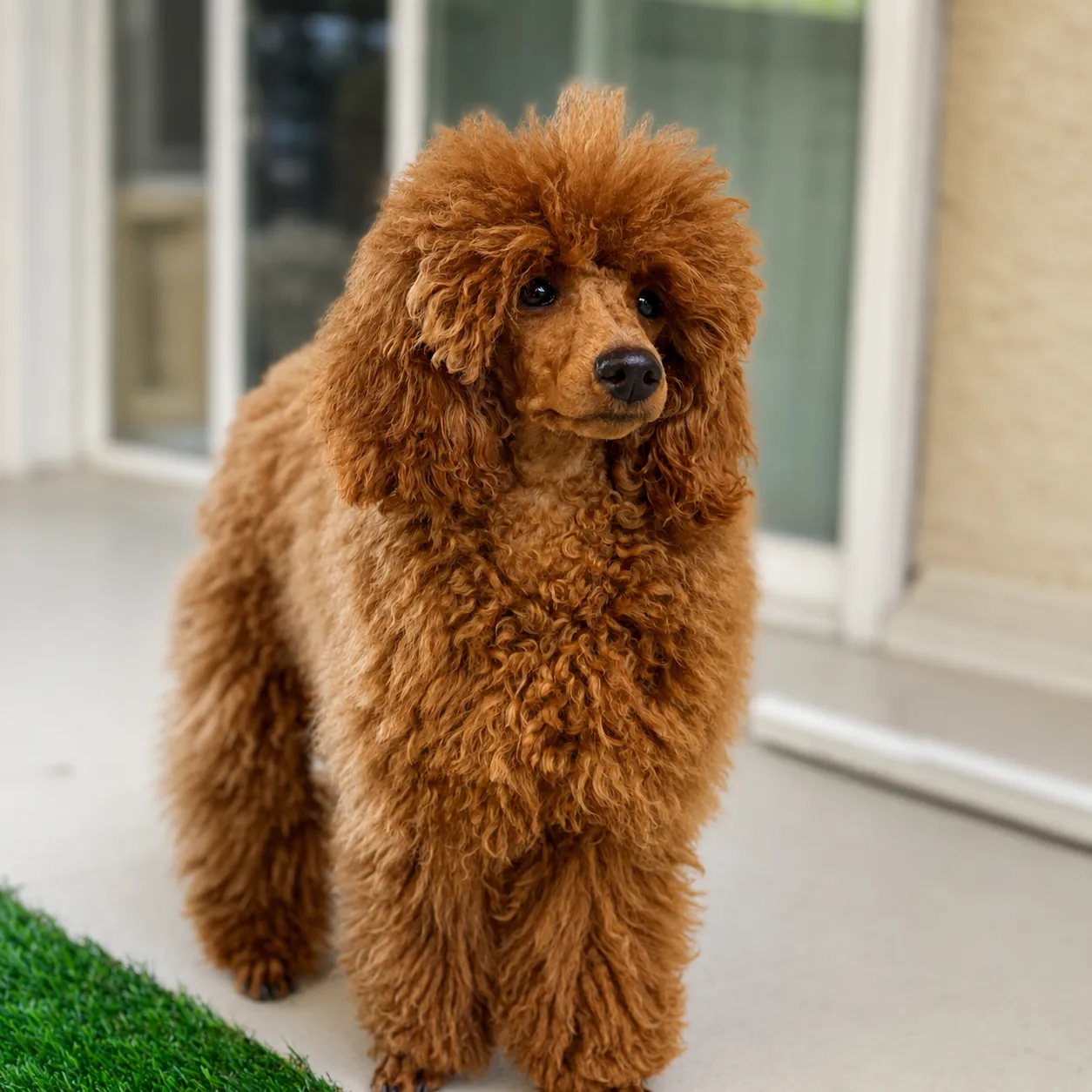 Fluffy poodle on a sunny porch