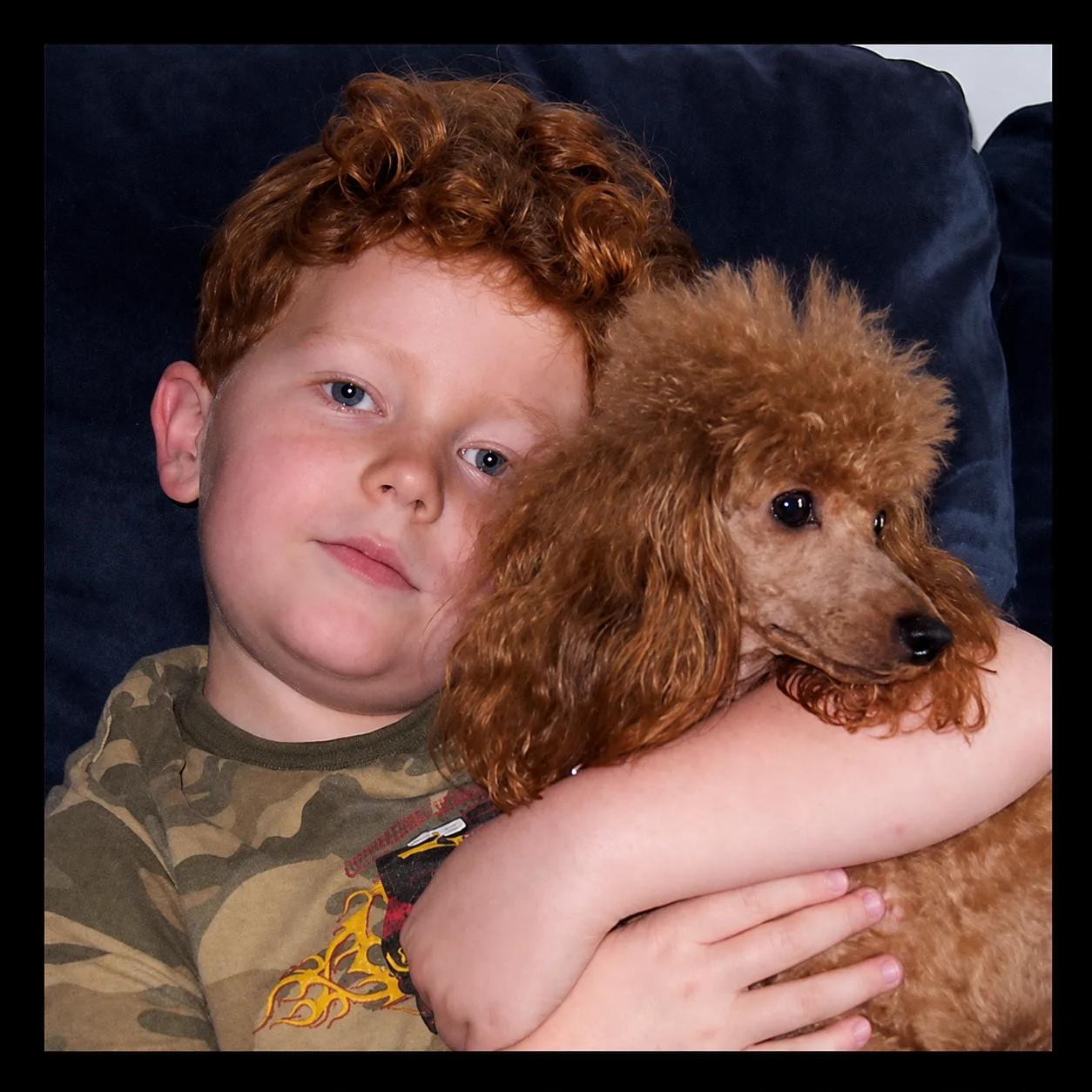 Red-haired boy hugging a red poodle