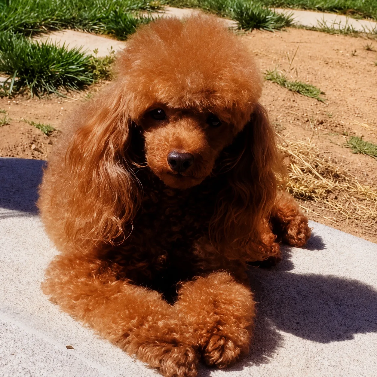 Red poodle lying on a sunny patio