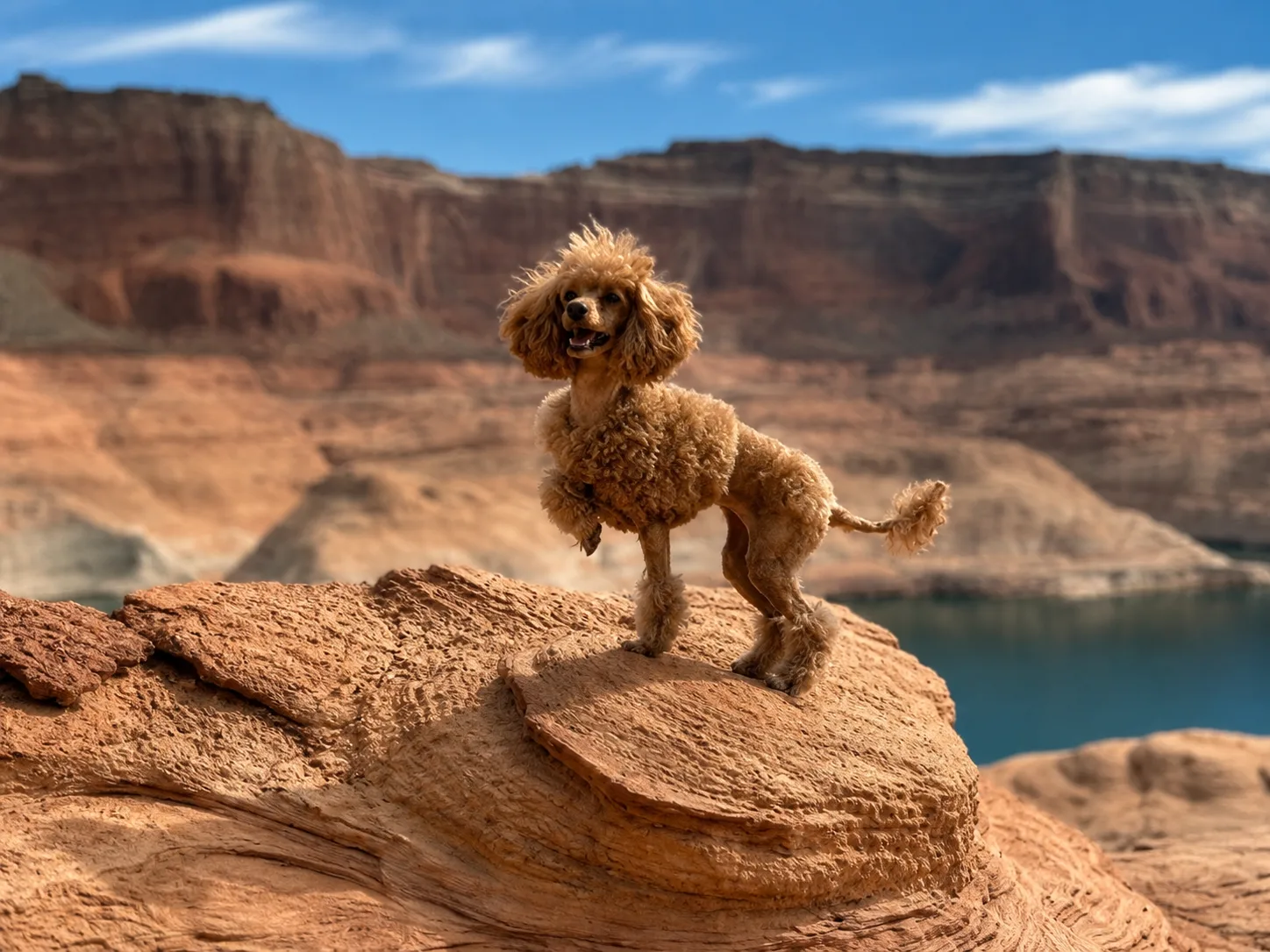 Apricot poodle standing on a red rock formation above water