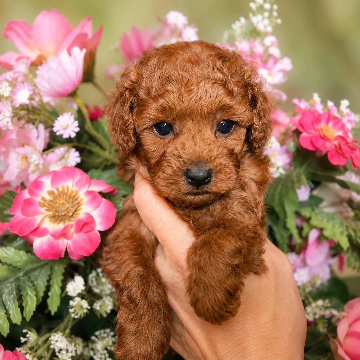 Puppy by flowers